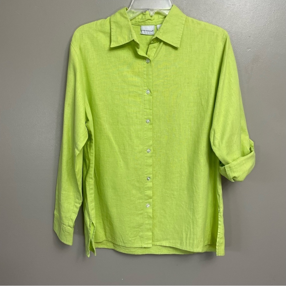 Kim Rogers Women’s Medium Linen Button Shirt Long Sleeve Yellow Green Linen